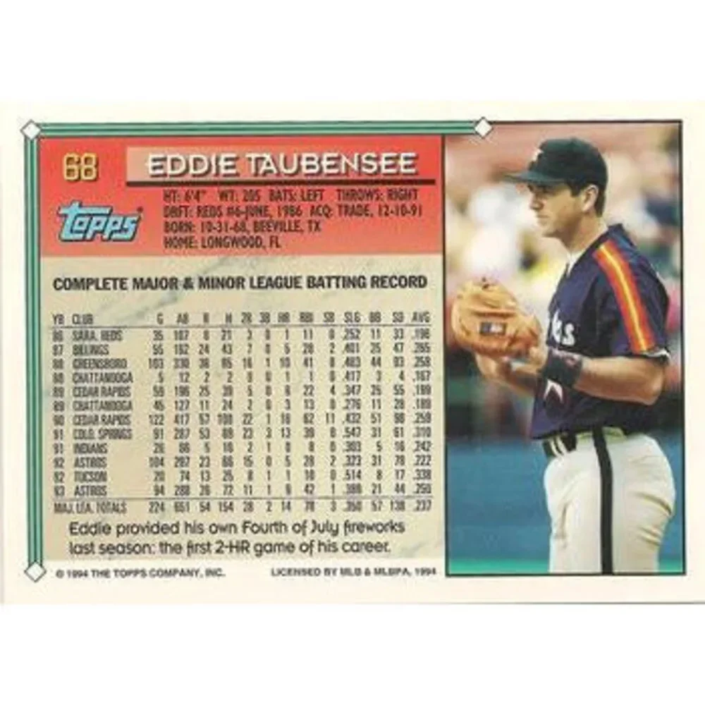 1994 Topps Eddie Taubensee # 68 Houston Astros